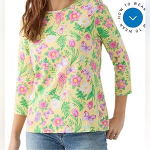 Kim Rogers Women's 3/4 Sleeve Scenic Print T-Shirt in Yellow Garden